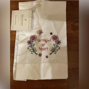 Mary Jane’s Home Linen/Cotton Bld Embroidered Hand/Tea Towel"Farm Girl at Heart"
